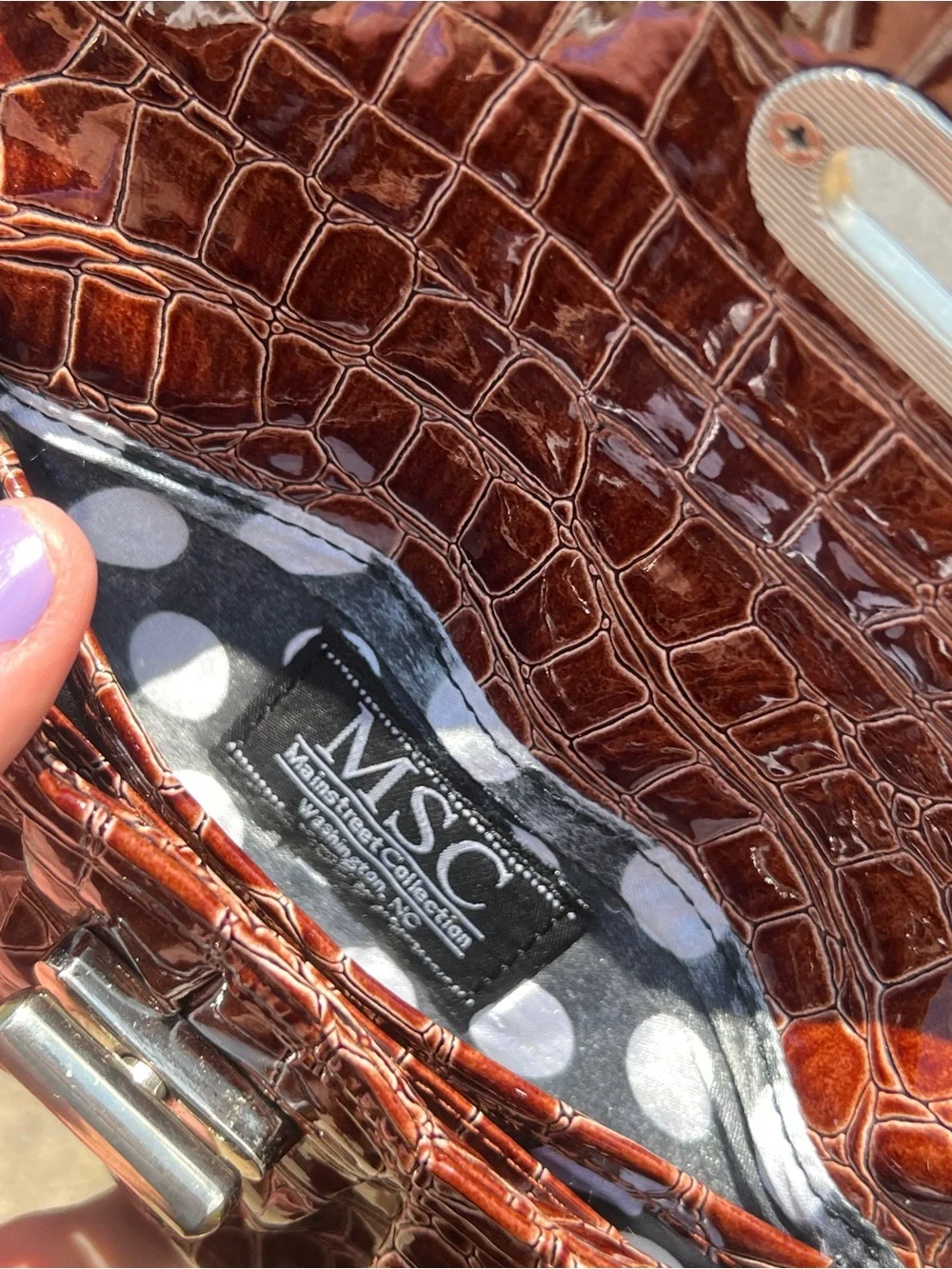 Vintage MSC Brown Faux Croc Wristlet Clutch Polka Dot Interior